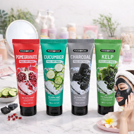 FOODAHOLIC Marine Collagen Peel-Off Face Mask – Korean Peel-Off Pack (Charcoal, Kelp, Cucumber, Pomegranate | 150 ml / 5.07 fl. oz.) - Made in Korea