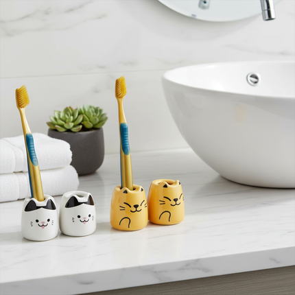Home Art Ceramic Cat Toothbrush Holders – 2pc Set (White or Yellow)