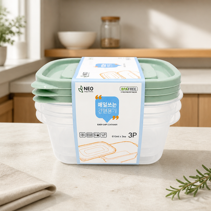 NEO Easy Cap Square Food Storage Container Set - 610 mL (20.6 oz) x 3 Pack - BPA Free - Microwave-Safe - Made in Korea