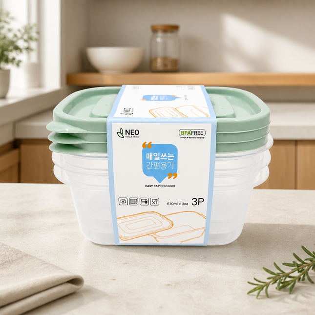 NEO Easy Cap Square Food Storage Container Set - 610 mL (20.6 oz) x 3 Pack - BPA Free - Microwave-Safe - Made in Korea