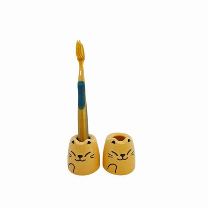 Home Art Ceramic Cat Toothbrush Holders – 2pc Set (White or Yellow)