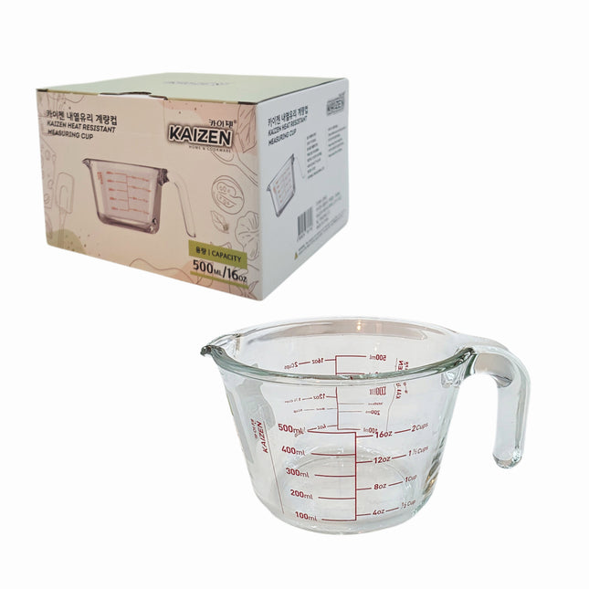 Kaizen Heat-Resistant Glass Measuring Cup (500 mL / 16 oz) – Clear Glass Measuring Pitcher