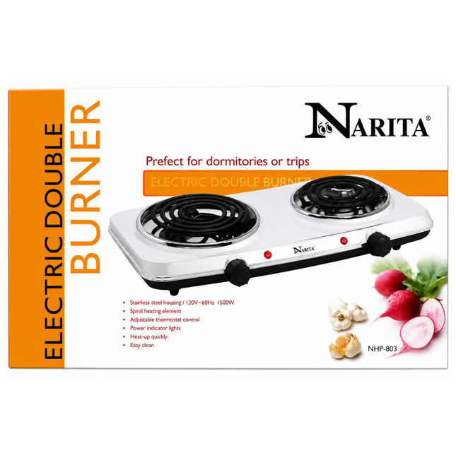 Narita Electric Double Burner Hot Plate - 1500W Countertop Coil Cooktop - 19" x 12" - ETL Listed