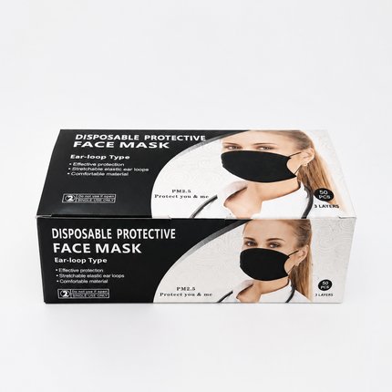 Disposable 3-Ply Protective Face Mask with Elastic Ear Loops – Adult Size (17.5 x 9.5 cm) – 50 Pack