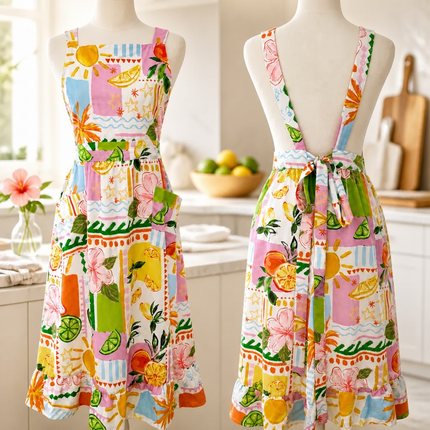 Multicolor Tropical Bloom Apron Dress with Pockets & Back Tie (Golaga Exclusive) - Vintage Fruit & Floral Kitchen Aprons