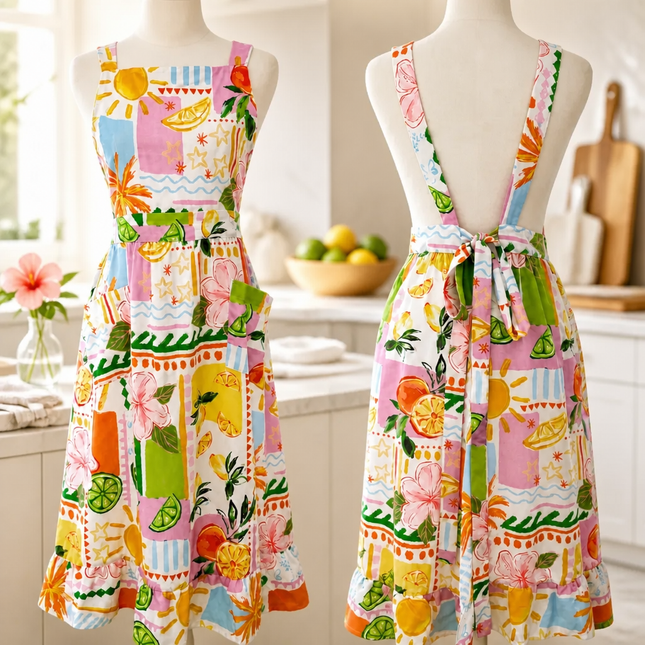 Tropical Bloom Multicolor Apron Dress with Pockets & Back Tie (Golaga Exclusive) - Vintage Fruit & Floral Kitchen Aprons
