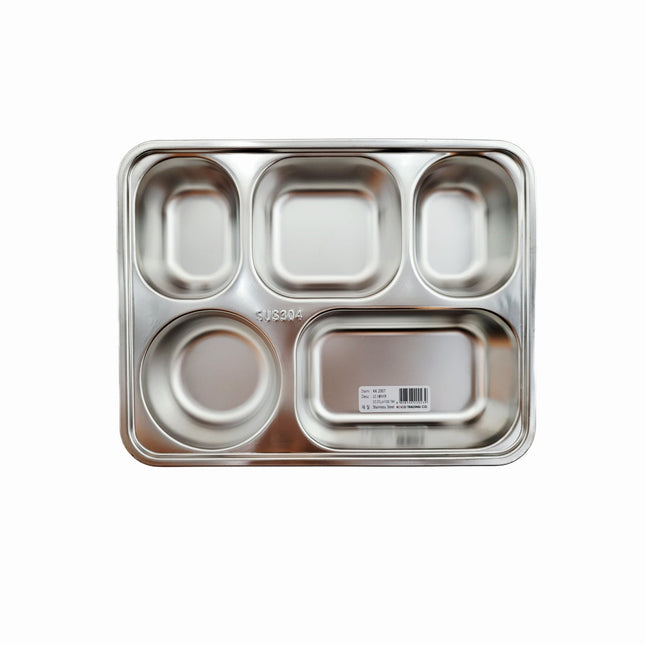 SUS304 Stainless Steel 5-Compartment Serving Tray, 11.25" x 8.75" x 1.5"