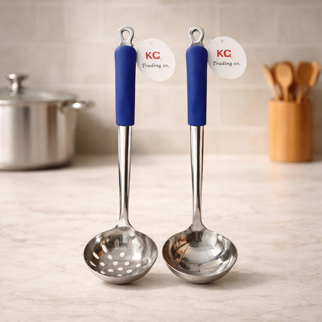 KC Stainless Steel Soup Ladle or Perforated Skimmer with Blue Silicone Handle – 10" Length