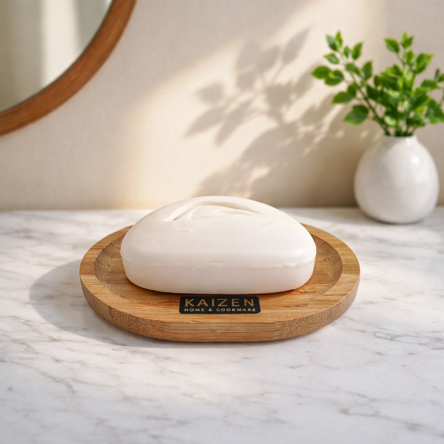 Kaizen Bamboo Wooden Soap Dish – Oval Draining Soap Holder with Non-Slip Pads (5" x 3.5")