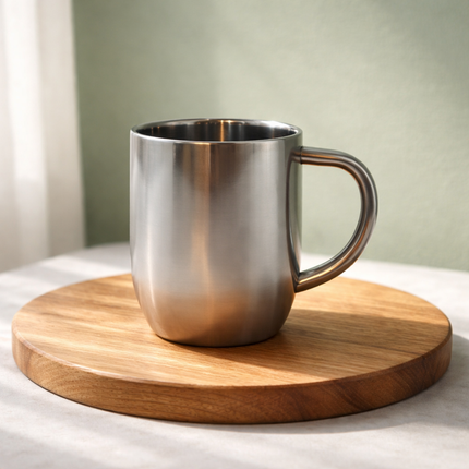 Double Walled Stainless Steel Cup with Handle (3.25 x 3.75 in / 8.3 x 9.5 cm) - Brushed and Polished Stainless Steel Mug