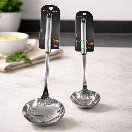 Home Art Pure Stainless Steel Ladle (2 Sizes) - Small & Large - Soup Serving Spoon