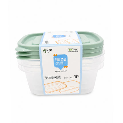 NEO Easy Cap Square Food Storage Container Set - 610 mL (20.6 oz) x 3 Pack - BPA Free - Microwave-Safe - Made in Korea
