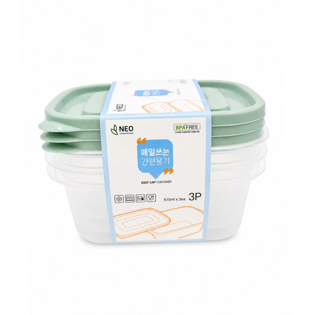 NEO Easy Cap Square Food Storage Container Set - 610 mL (20.6 oz) x 3 Pack - BPA Free - Microwave-Safe - Made in Korea