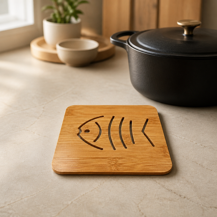 Home Art Bamboo Fish Design Trivet with Non-Slip Feet – 5.8" x 5.8" - Hot Pot Stand
