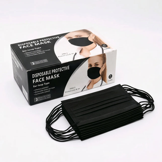 Disposable 3-Ply Protective Face Mask with Elastic Ear Loops – Adult Size (17.5 x 9.5 cm) – 50 Pack
