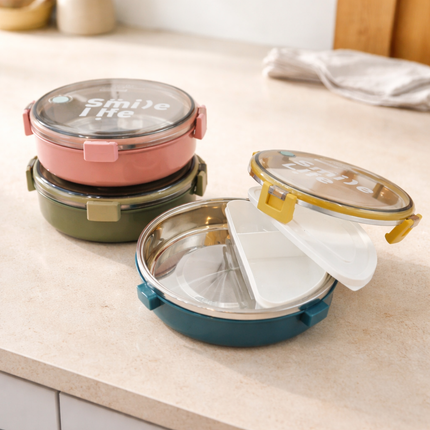 Stainless Steel Round Lunch Box (3 Colors: Blue/Yellow, Mint Green, Blush Pink) – 2-Tier – 920ml Leak-Lock Container