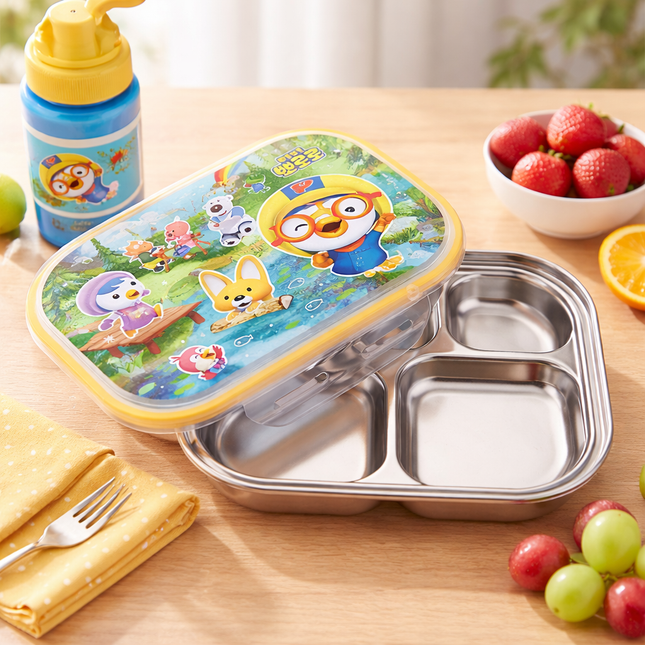Pororo Stainless Steel Food Tray With Lid & Carrying Bag (5 Partition) - Made in Korea