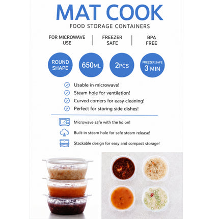 Kaizen Mat Gook Round Food Storage Container Set - 650 mL (22 oz) x 2 Pack - BPA Free - Microwave Safe - Made in Korea