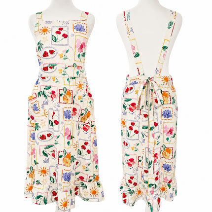 Botanical Art Apron Dress with Pockets & Back Tie (Golaga Exclusive) - Vintage Cherry, Fruit, Floral Design Kitchen Aprons