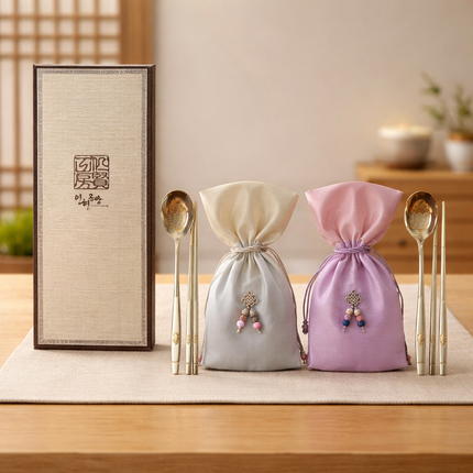 Longevity Turtle Gold Korean Spoon & Chopstick Couple Gift Set (“Sujeo”) – SUS304 Stainless Steel – Made in Korea