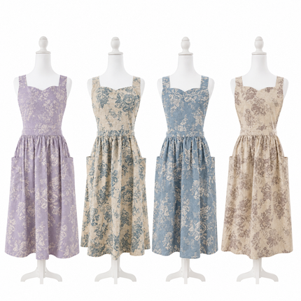 Vintage Floral Linen Cotton Blend Apron Dress with Pockets & Adjustable Shoulder Straps - Kitchen Aprons