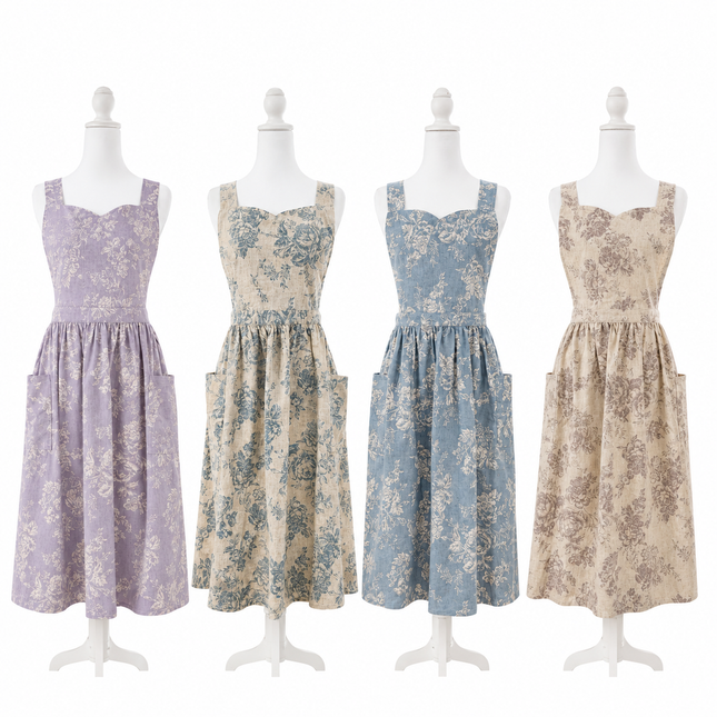 Vintage Floral Linen Cotton Blend Apron Dress with Pockets & Adjustable Shoulder Straps - Kitchen Aprons