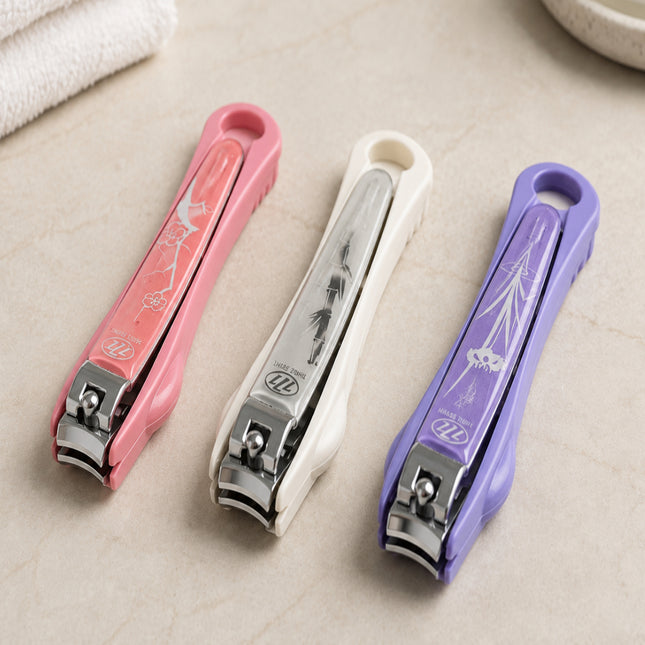 Triple Seven 777 Stainless Steel 4" Long Toenail Clippers with Clipping Catcher Case & Nail Filer - Large Nail Cutters - 3 Colors (Pink, White or Purple) - Made in Korea
