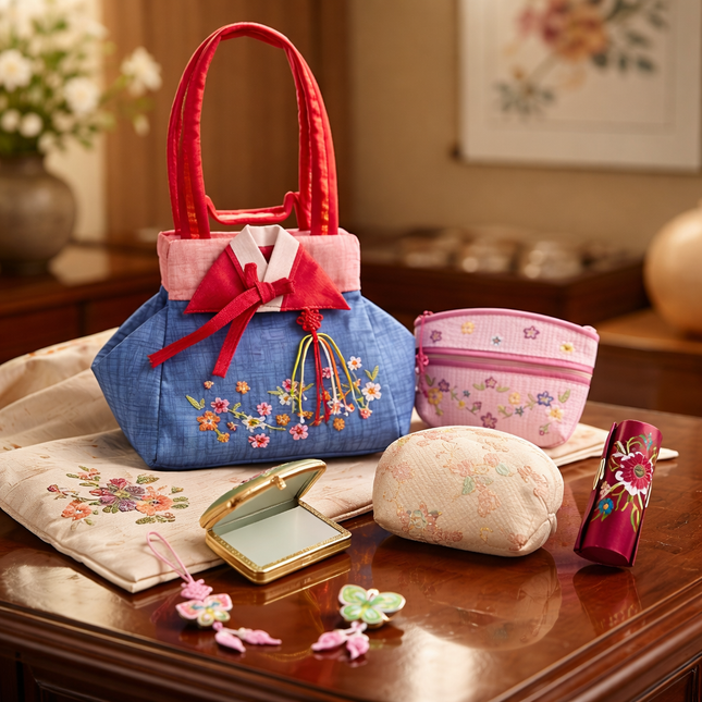 Traditional Korean Embroidered Hanbok Bag & Accessories – 6-Piece Gift Set (Made in Korea)