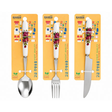 Kaizen Red Roses Stainless Steel Flatware with Ceramic Handle - Spoon, Fork, or Knife - 7.5" / 8"