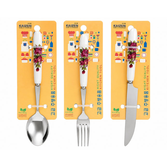 Kaizen Red Roses Stainless Steel Flatware with Ceramic Handle - Spoon, Fork, or Knife - 7.5" / 8"