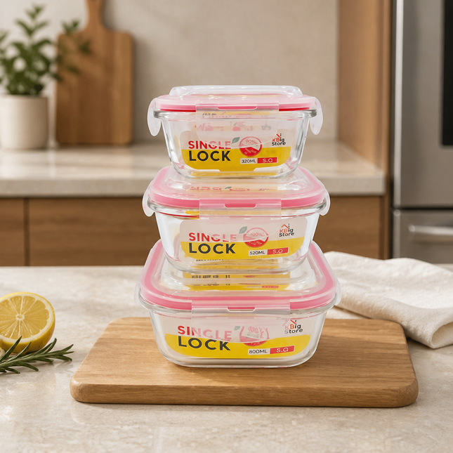 KBIG STORE Single Lock Square Borosilicate Glass Food Storage Container (3 Sizes) – BPA Free – Oven & Microwave Safe
