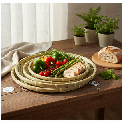 Home Art Round Bamboo Wicker Trays - 3 Sizes - 25cm (9.8") / 30cm (11.8") / 35cm (13.8")