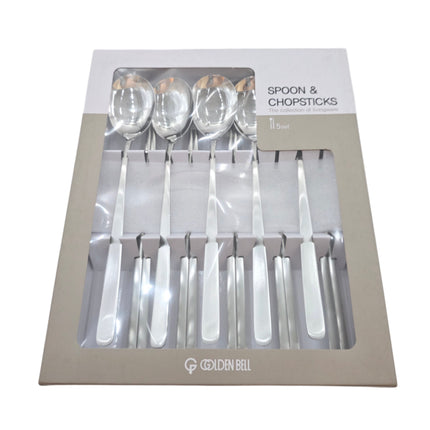 Golden Bell Korean 18/10 Stainless Steel Spoon & Chopsticks Set (5 Person Set) - Classic Plain Design - Made in Korea