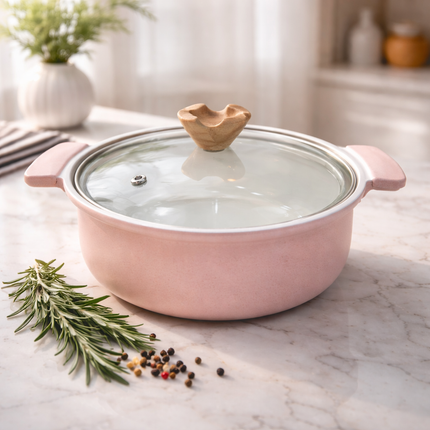 Coronto IH Ceramic Coated Tabletop Pot with Glass Lid — 18cm (7.1 in), Smoky Pink - Non-Stick, Induction Ready