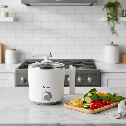 Narita Electric Hot Pot (1.2L) - Stainless Steel Interior – Compact Multi-Cooker/Water Boiler/Noodle Cooker (600W) - Office/Dorm Ready - NPC-1205