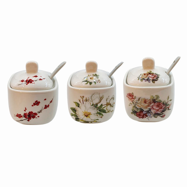 Ceramic Condiment Jar with Spoon & Lid – Floral Design (3 Styles)