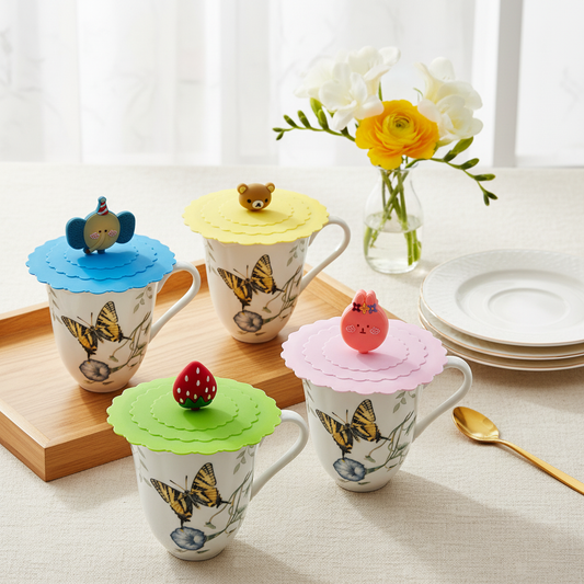 Home Art Silicone "Fashion" Cup Lids w/Cute Animal & Fruit Handles – Reusable Mug Covers (4 Colors)