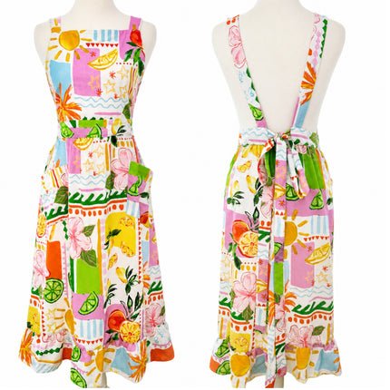 Multicolor Tropical Bloom Apron Dress with Pockets & Back Tie (Golaga Exclusive) - Vintage Fruit & Floral Kitchen Aprons