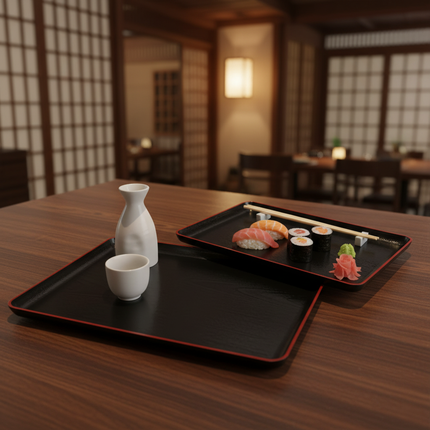 Japanese-Style Melamine Serving Tray – Black with Wood-Grain Finish & Red Rim - 2 Sizes (Small & Large)