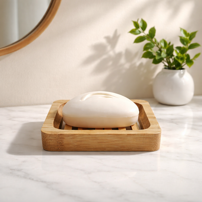 Kaizen Bamboo Wooden Soap Dish – Rectangular Draining Soap Holder with Non-Slip Pads (4.75" x 3.5")