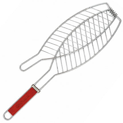 Stainless Steel Fish Grill Basket with Wooden Handle & Locking Ring – 14.5" x 6" Grill Basket, 25.5" Overall Length