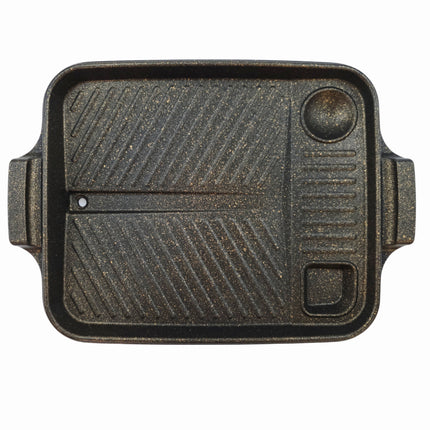 Queen Sense "Rexton" Jumbo Rectangular Korean BBQ Grill Pan with Side Wells 16.1 x 11.8 Inches - Made in Korea