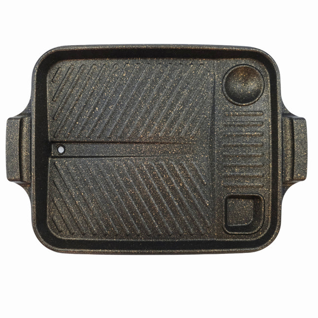 Queen Sense "Rexton" Jumbo Rectangular Korean BBQ Grill Pan with Side Wells 16.1 x 11.8 Inches - Made in Korea
