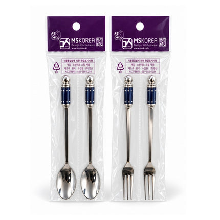 MSKOREA Stainless Steel Teaspoon / Dessert Fruit Fork Set with Navy Ceramic Handles - 2 Styles - Made in Korea