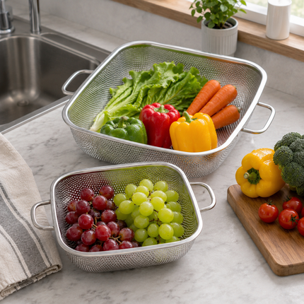 Stainless Steel Perforated Colander Strainer Basket with Handles - 2 Sizes (8.7" or 10.2") - Square Design