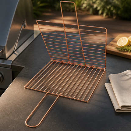 Home Art Copper-Tone Steel Double-Layer BBQ Grill Basket with Handle – 10" x 8.25" (25.4 x 21 cm)