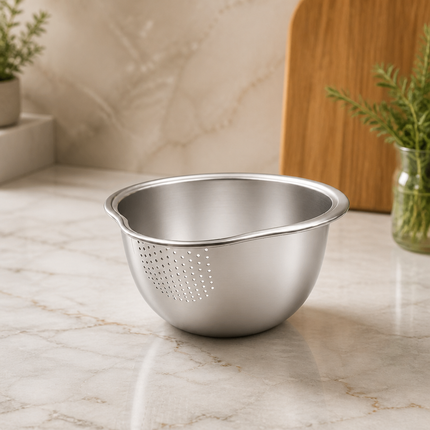 Stainless Steel Vegetable Washing & Draining Bowl with Built-In Strainer - 10.6" x 9.4" (27 x 24 cm)