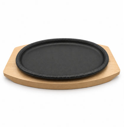 Oval Cast Iron BBQ Grill & Sizzling Plate Set with Wooden Base - Medium & Large Sizes