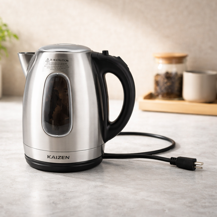 Kaizen 1.7L Stainless Steel Electric Kettle with Blue LED – Cordless Electric Kettle with 360° Rotating Power Base
