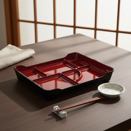 Japanese-Style 6-Section Melamine Serving Tray – Made in Japan - Red & Black Bento Plate (14″ x 9.25″)